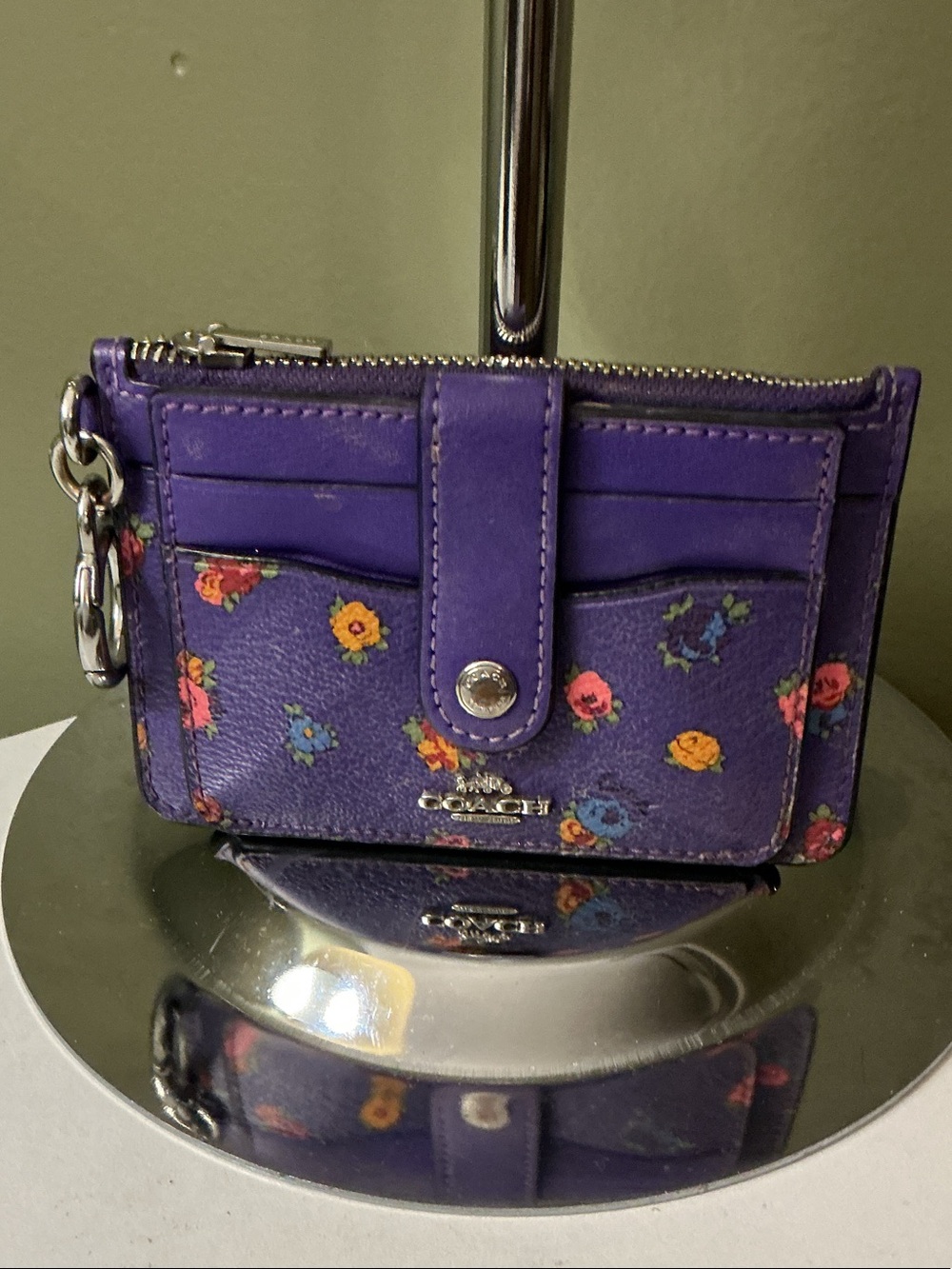 Coach Attachment Card Case Mini Vintage Rose Print Leather Cardholder Wallet